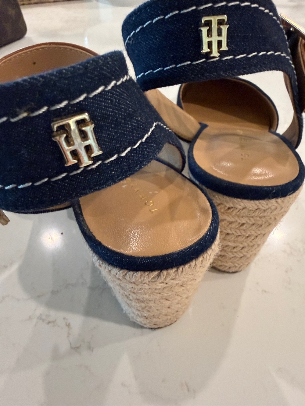 Tommy Hilfiger Navy Denim Espadrille Wedge Sandals with Tan Straps - Picture 4 of 5